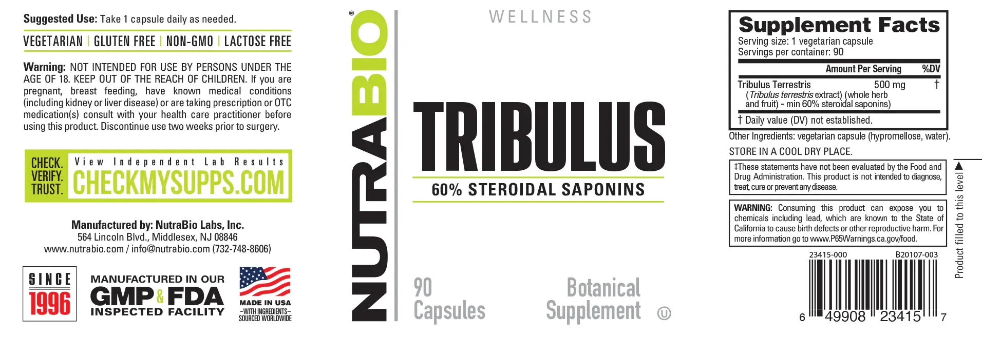 Tribulus Terrestris Kosher NutraBio Label
