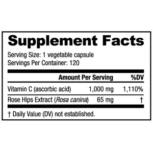 Vitamina C 1000mg + Rose Hips (120 vege caps) | Kosher