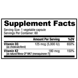 Vitamina D3 (5000 IU) K2 (180 MCG) 60 Veg Caps